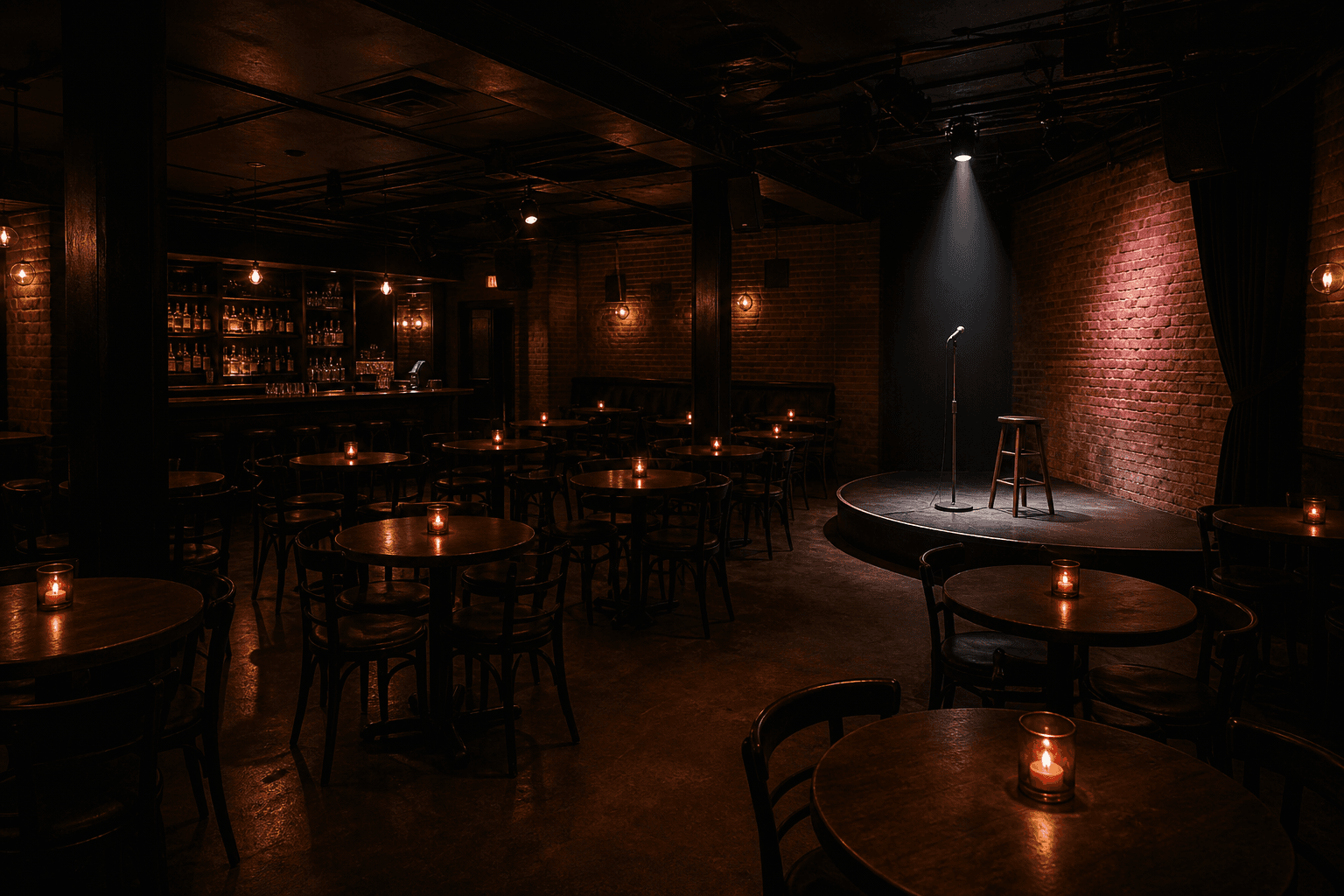 Empty comedy club with candlelit tables and a lit stage