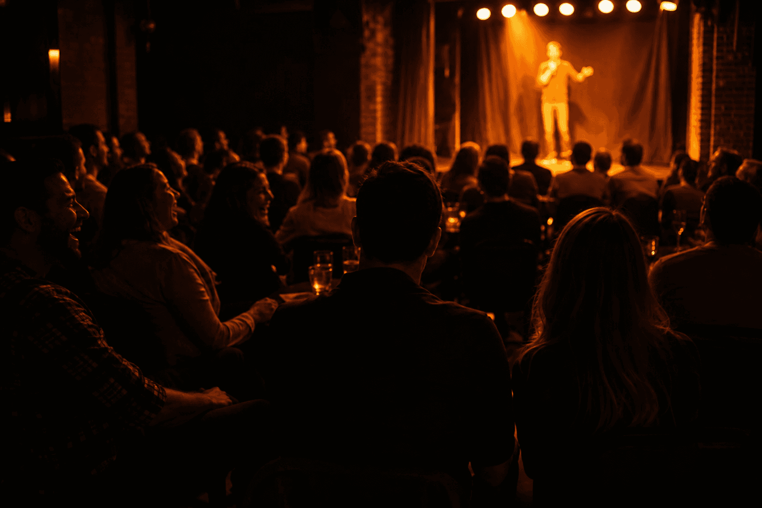 Audience watching a live comedy set under warm stage lights