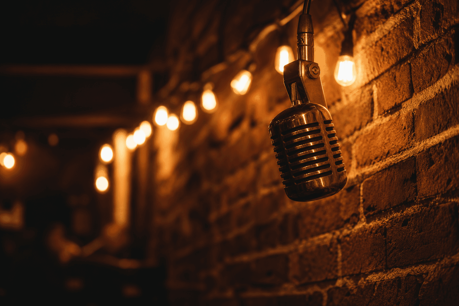 Vintage microphone against a brick wall with warm Edison bulbs